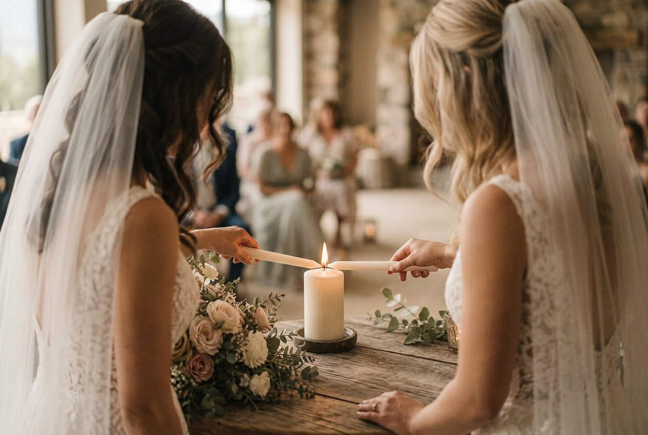 Two brides in white dresses and veils leaning in together to light a single unity candle with taper candles